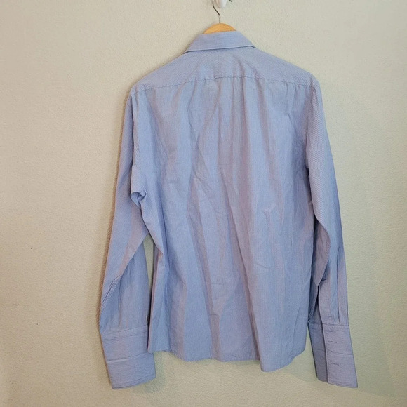 Thomas Mens Button-Up Shirt 15.5 Blue Cotton Striped Slim Fit Long Sleeves - Picture 2 of 7